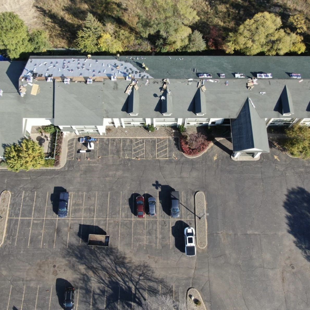 Circle white outline showing hail damage on asphalt shingles
